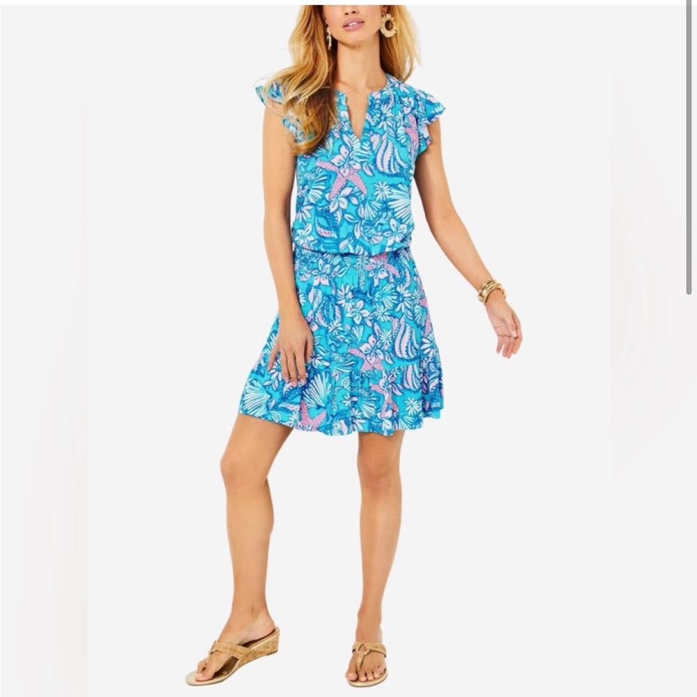 Lilly Pulitzer Blue and Pink Tropical One Piece with V-Neck